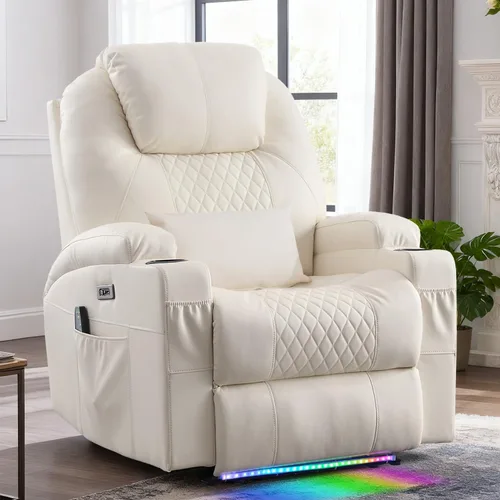 Miniatura 10 de Silla reclinable eléctrica con calor y masaje para adultos, asiento de cine en casa con luces LED, portavasos, bolsillo lateral, puerto USB, sofá