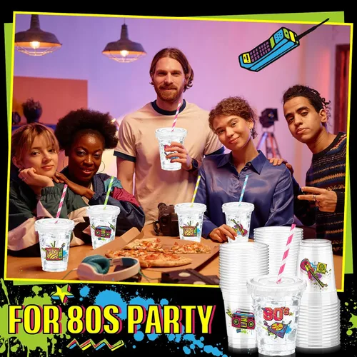 Miniatura 5 de FoldTier 50 tazas de plástico desechables de los años 80 de 12 onzas G Back to 80s tazas gruesas temáticas de los años 80 tapas para tazas