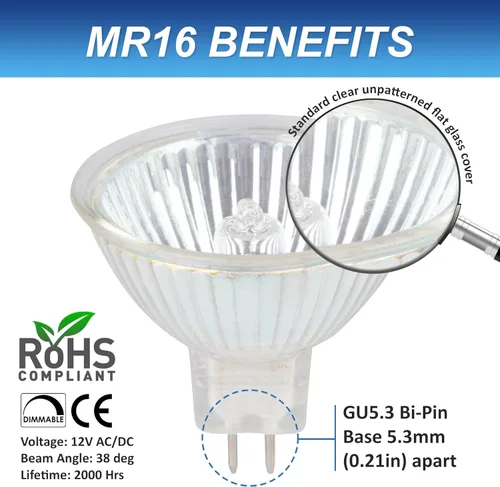 Miniatura 2 de Simba Lighting Bombillas halógenas MR16 de 20 W y 12 V (paquete de 6) para paisaje, luces de pista, fibra óptica, lámparas de escritorio, focos BAB