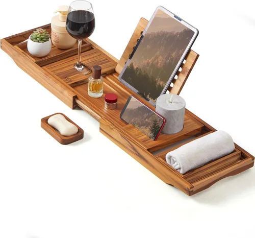 Miniatura 7 de XcE Bandeja de bambú para bañera, expandible hasta 41 pulgadas con soporte para libros, soporte para jabón y almohadillas antideslizantes para spa