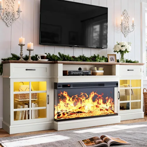 Miniatura 11 de MXV Soporte de TV con chimenea de 70 pulgadas, chimenea de vidrio de 3 lados y centro de entretenimiento moderno, consola multimedia de madera