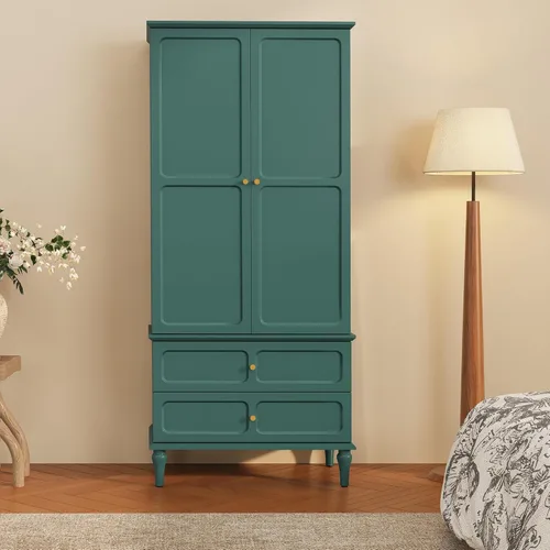 Miniatura 9 de HLR Armario moderno de mediados de siglo de 71 pulgadas con puertas y cajones, armario de almacenamiento de madera con barra para colgar para Negro