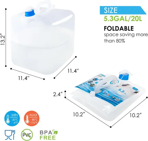 Miniatura 3 de Jarra plegable para almacenamiento de agua, 4×5.3 galones, sin BPA, para camping, senderismo, caravana al aire libre y emergencia, contenedor