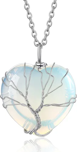 Bestyle Collar de cristal curativo envuelto en árbol de la vida, colgante de piedra natal de 12 meses para parrillas de mujer, joyería de piedras