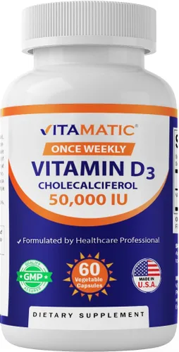 Miniatura 10 de Vitamatic 3 Pack Vitamina D3 50,000 UI (como colecalciferol), Dosis Semanal Única, 1250 mcg, 60 cápsulas vegetarianas Suministro para 1 año, Fórmula