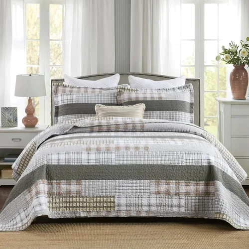 Miniatura 12 de Y-PLWOMEN - Juego de cama tamaño king de 3 piezas con edredón de algodón, colcha ligera a cuadros estilo granja, tamaño king, acogedora, reversible