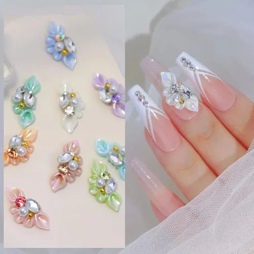 Miniatura 4 de 30 dijes de uñas con diseño de flores 5D, parte trasera plana en relieve, con diamantes de imitación, cristales de perla, gemas de diamante, joyas