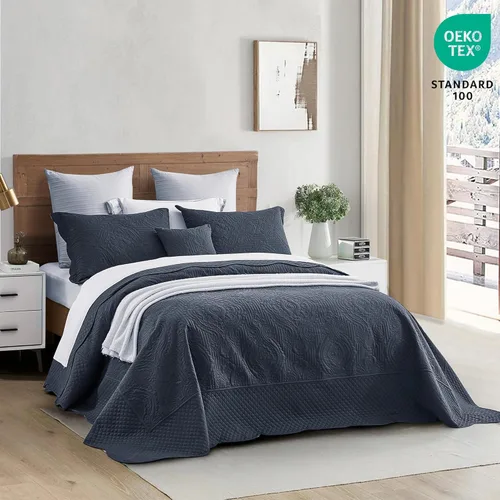 Miniatura 2 de HZ & HY Colcha tamaño King extragrande, juego de ropa de cama ultrasónica, edredón ligero y delgado, reversible, 5 piezas, 100% microfibra, azul