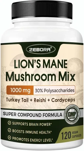 ZEBORA Cápsulas de suplemento de melena de leones, suplemento de hongos 5 en 1 con Cordyceps, Reishi y cola de pavo, cuerpo fructífero para memoria,