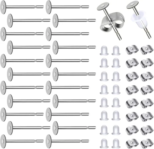 Miniatura 8 de TOAOB - 300 postes y respaldos de aretes de acero inoxidable plateado, hipoalergénicos, de 0.394 pulgadas, con goma transparente y parte trasera
