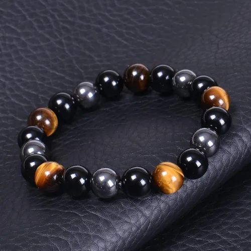 Miniatura 26 de DHQH Triple Protection Bracelet 8/10MM Hematite Black Agate Tigers Eye Stone Bracelet Crystal Jewelry Healing Bead Bracelets for Men Bring Luck