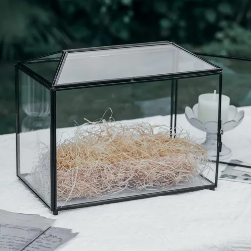 Miniatura 2 de NCYP Pequeña caja de tarjetas de cristal de boda con ranura y cerradura, 10.2 x 5.9 x 7.9 pulgadas, soporte geométrico negro para tarjetas