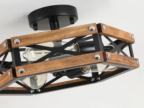 Miniatura 5 de Lámpara de techo de madera rústica de 3 luces, de madera de roble y jaula de metal, lámpara de techo semiempotrada para pasillo, pasillo, entrada