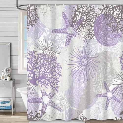 Miniatura 9 de Cortina de ducha náutica costera, cortina de baño con temática de playa y océano, decoración de baño con estrella de mar, coral, concha marina, tela