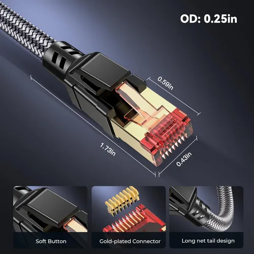 Miniatura 5 de Cable Ethernet Cat 8 de 1.5 pies, cables de Internet LAN Gigabit de alta velocidad de 40 Gbps 2000 MHz, cable de conexión RJ45 trenzado redondo