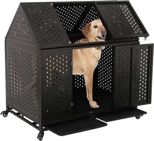 Jaula indestructible para perros de 44 pulgadas, resistente y de alta ansiedad, a prueba de golpes, jaula de techo puntiaguda de metal para perros
