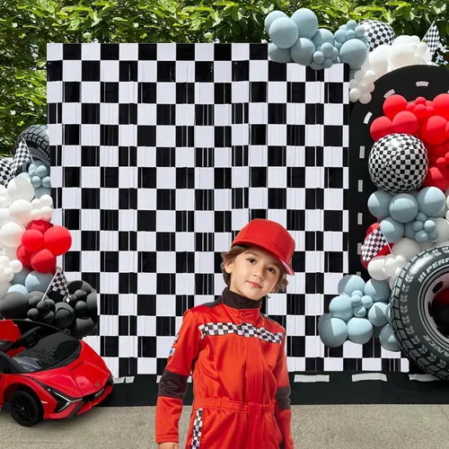Miniatura 7 de Decoraciones de fiesta de cumpleaños de coche de carreras, paquete de 2 serpentinas de papel de aluminio negro y blanco, cortinas de flecos para un