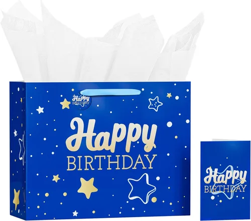 Miniatura 14 de Powbrace Bolsa de regalo de cumpleaños negra con papel de seda y tarjeta de felicitación, 13 x 10.2 x 4.9 pies, mediana