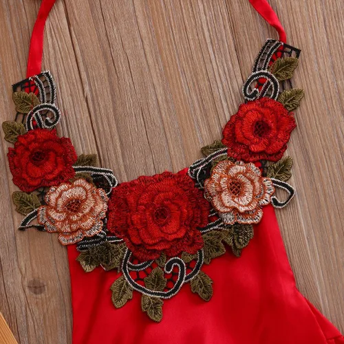 Miniatura 3 de Mrs.Baker'Home Baby Girl 3D Flower Applique Halter Floral Romper,Backless Bodysuit,Ruffle Sunsuit