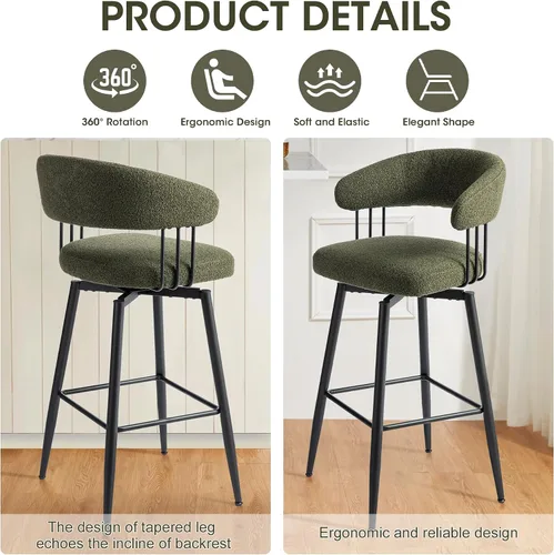 Miniatura 4 de Glitzhome Juego de 2 taburetes de bar giratorios de 31.5 pulgadas de altura de asiento, modernos taburetes de bar de tela verde cazador de mediados