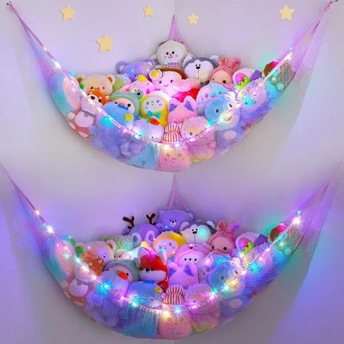 Miniatura 20 de Unicorn Castle Red de animales de peluche o hamaca organizador de almacenamiento de juguetes para niños con luz LED colgante en esquina soporte