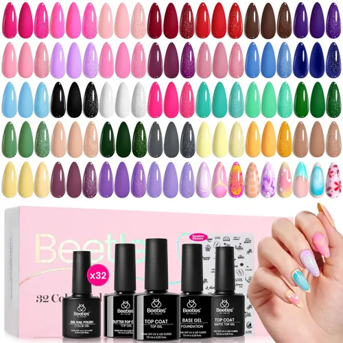 Miniatura 8 de Beetles - Set de 20 esmaltes de gel p/decoración de uñas, colección Fall Yard, purpurina naranja/marrón/rojo/azul marino, semipermanente, LED c/capa
