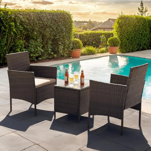 Miniatura 8 de Flamaker Juego de muebles de patio de 3 piezas de ratán para todo tipo de clima, muebles de exterior, sillas de patio con mesa de vidrio templado