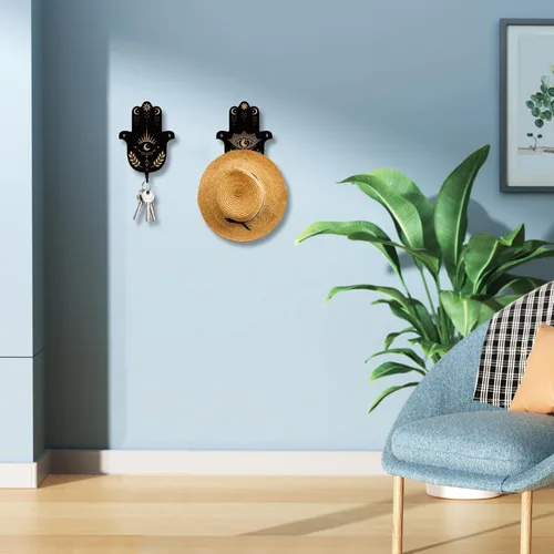Miniatura 7 de AHANDMAKER Juego de 2 soportes para llaves de mano Hamsa, ganchos de pared con texto de adivinación para decoración de llaves de pared, colgador