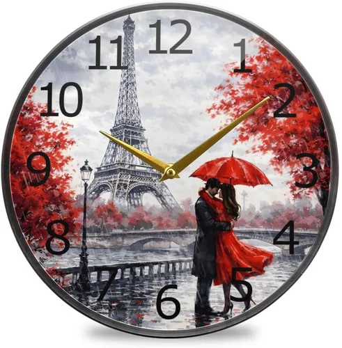 Miniatura 9 de ALAZA París Torre Eiffel Pareja Rosa Floral Acrílico Pintado Silencioso Reloj de pared redondo sin tictac, 9.5 pulgadas, funciona con pilas, reloj
