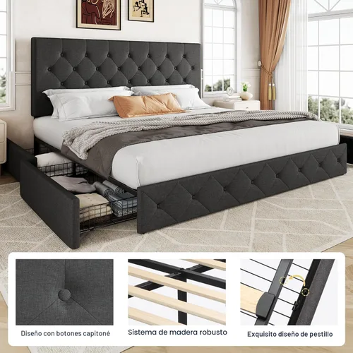 Miniatura 6 de Allewie - Base de cama con plataforma tamaño King, tapizada, con 4 cajones de almacenamiento y cabecera, botones cosidos en forma de diamante, base