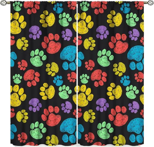 Miniatura 13 de Cortinas opacas con diseño de animales, fondo azul con huellas de perro, huesos y divertido patrón de cachorro, cortinas de sala de estar para niños