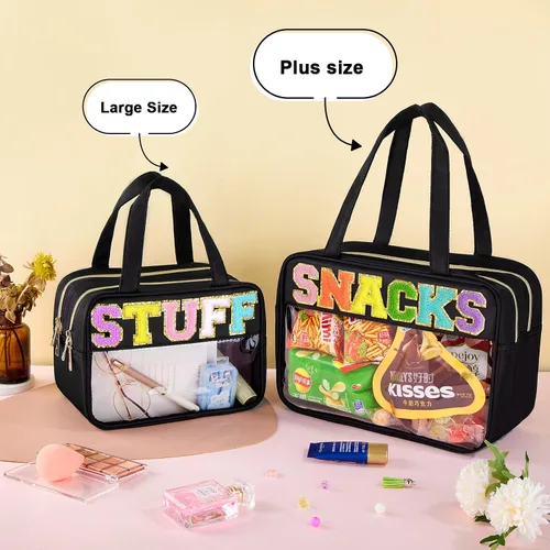 Miniatura 2 de Bolsa de Maquillaje Transparente con Letras de Chenilla, Bolsa de Cosméticos Preppy Transparente, Bolsas de Snacks Transparentes con Cremallera