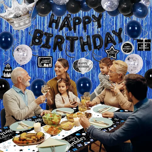 Miniatura 5 de Decoraciones de cumpleaños para niños, hombres, mujeres y niñas, decoración de fiesta de feliz cumpleaños azul y negro, pancarta de feliz
