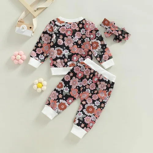 Miniatura 48 de Mandizy Conjunto de ropa de bebé niña otoño 3 6 9 12 18 24 meses sudadera de manga larga y pantalones con estampado floral y diadema