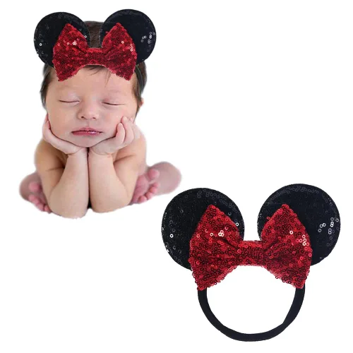 Miniatura 10 de Diadema de orejas de ratón con lazo de lentejuelas, banda elástica suave para el pelo, diadema de fiesta para bebés, niñas recién nacidas, niños