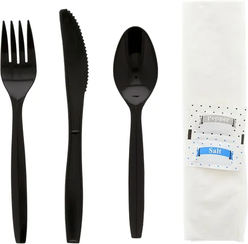 Kit de 6 piezas negro mediano de peso grande tenedor-cucharadita-cuchillo-12" x 13" servilleta S&P