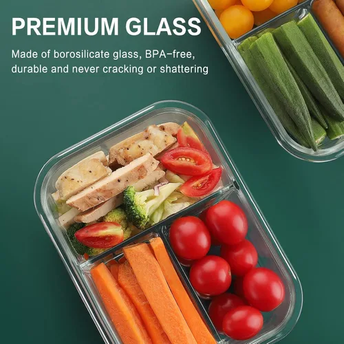 Miniatura 5 de HOMBERKING - Paquete de 8 contenedores de vidrio para preparación de comidas, 3 compartimentos, contenedores de vidrio para almacenamiento