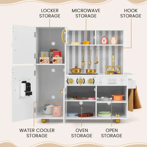 Miniatura 5 de INFANS Juego de cocina para niños, juego de cocina de madera con luz y sonido realistas, estufa, fregadero, microondas, armario de almacenamiento