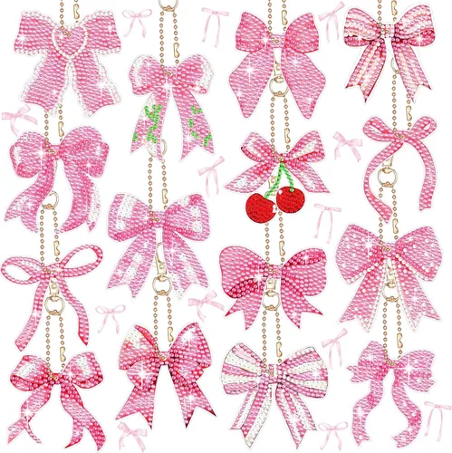 Siifert 15 llaveros de arte de diamantes con lazo rosa, regalos de fiesta de coqueta, lazo rosa 5D, adornos colgantes de Navidad, kit de llaveros de