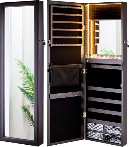 Miniatura 8 de Luxfurni - Joyero con espejo y 79 luces LED, gabinete para colgar en la pared o en la puerta, organizador con cerradura y cajones - Marrón