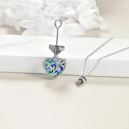 Miniatura 2 de ONEFINITY Collar de urna de cremación para cenizas de plata de ley con concha de abulón, árbol de la vida, collar con medallón que sostiene imágenes