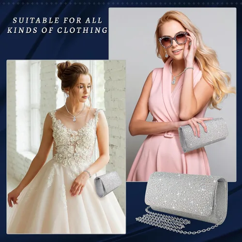 Miniatura 4 de Juego de 4 piezas de plata para mujer, bolso de mano brillante con diamantes de imitación, bolso de mano para regalo de fiesta de boda, plateado