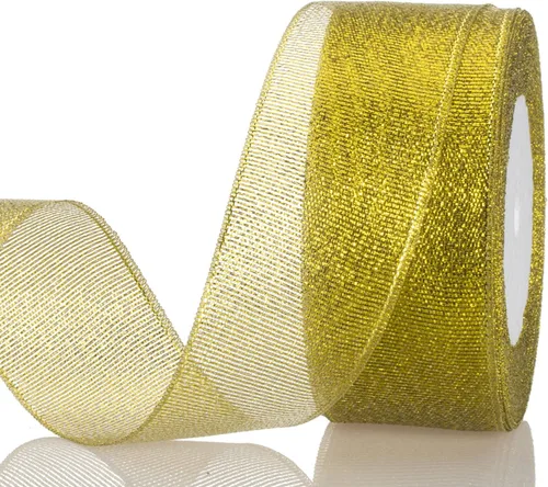 YASEO Cinta de purpurina dorada de 1 1/2 pulgadas, 25 yardas de cinta de tela metálica brillante para envolver regalos, decoración de fiestas de