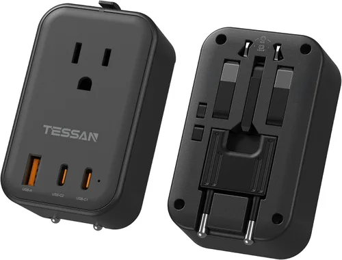 Miniatura 10 de TESSAN Adaptador de viaje 009, PD 20 W, adaptador de corriente universal 2 USB C 1 USB A, adaptador de enchufe internacional ultrafino, salida Negro