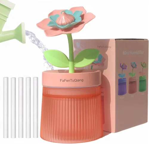Mini humidificador lindo para dormitorio, apagado automático, 8.8 fl oz con flor, niebla fría, luz nocturna de 7 colores, silencioso, portátil,