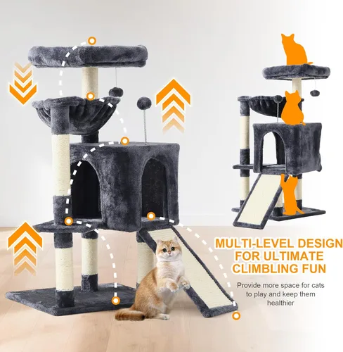 Miniatura 6 de Torre de árbol para gatos de 37 pulgadas con condominio para gatos de varios niveles, postes rascadores, cueva para gatos de 2 puertas, gris