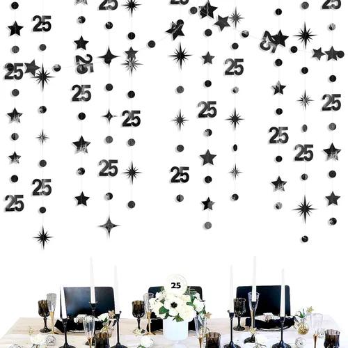 Decoraciones negras de cumpleaños número 25 con círculos, estrellas, guirnalda de serpentina, telón de fondo para mujeres y hombres, saludos a