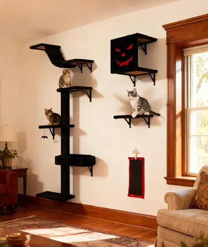Miniatura 12 de COZIWOW Muebles para gatos montados en la pared, estantes y perchas de pared para gatos, estantes flotantes para gatos para pared, juego de 5 (beige)