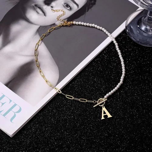 Miniatura 5 de Yoosteel Collar de perlas con inicial para mujer, gargantilla de cadena de perlas delicadas, collares con iniciales para mujer, cierre de palanca