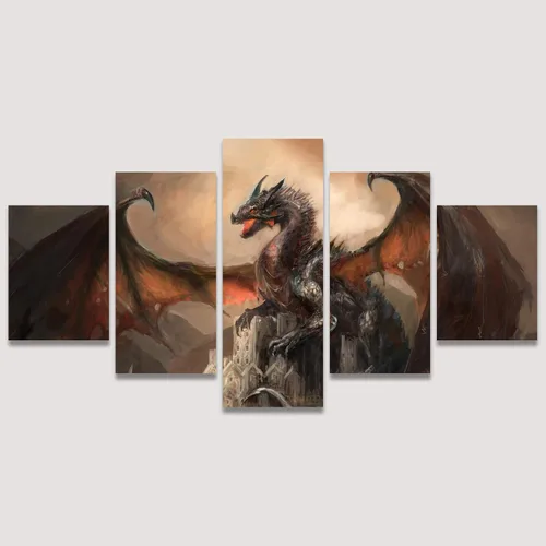 Miniatura 3 de SIGNWIN Lienzo grande para pared, diseño de guerra con el dragón en el castillo, ilustraciones abstractas, impresionismo, moderno, panorámico